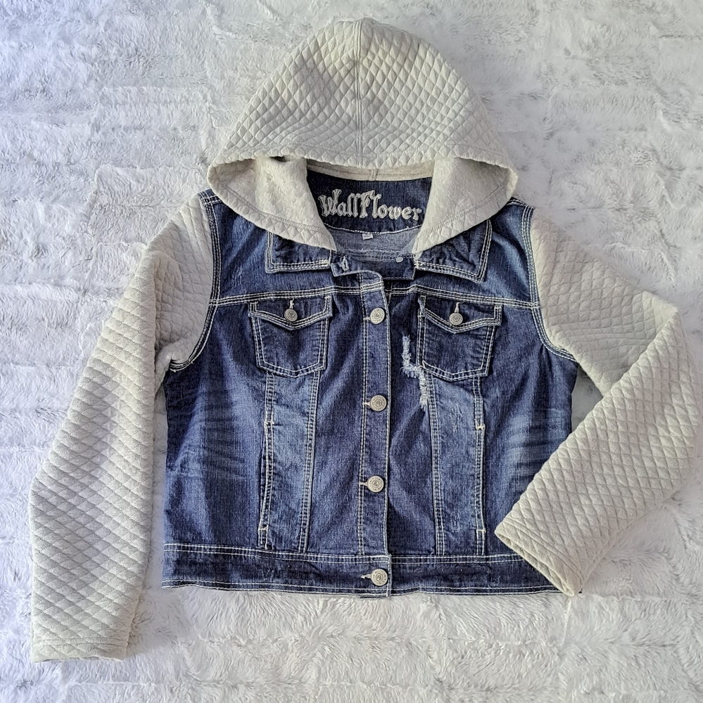 Wallflower blue medium wash quilted hooded jean jacket. Size XL.